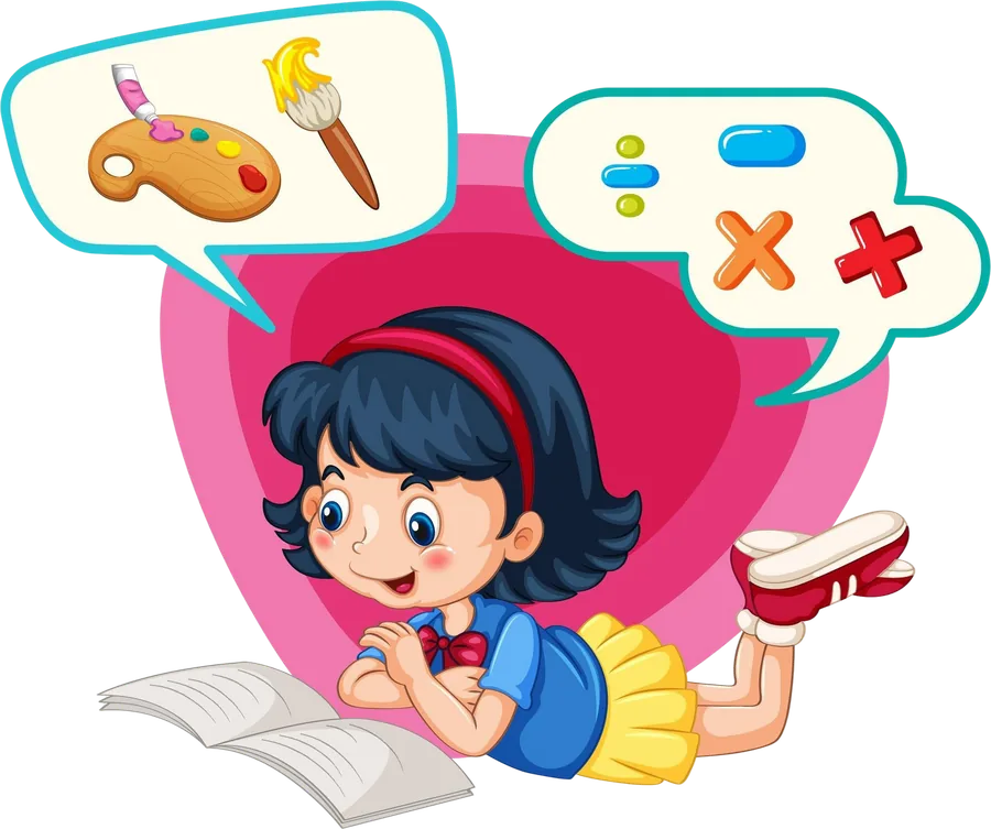 Cartoon girl happily studying with a book