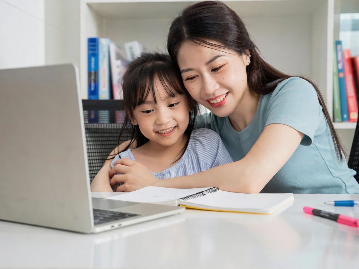Smiling mother and daughter enjoying an online English lesson together